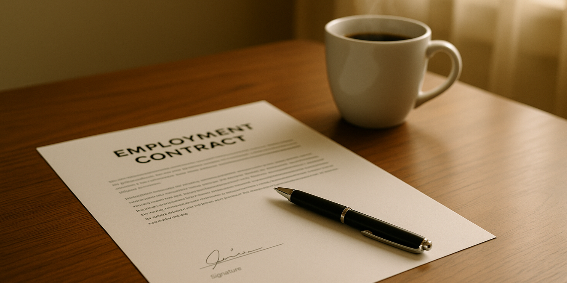 Close-up of a desk with a printed employment contract showing bold headings for Wages, Working Hours, and Leave.
