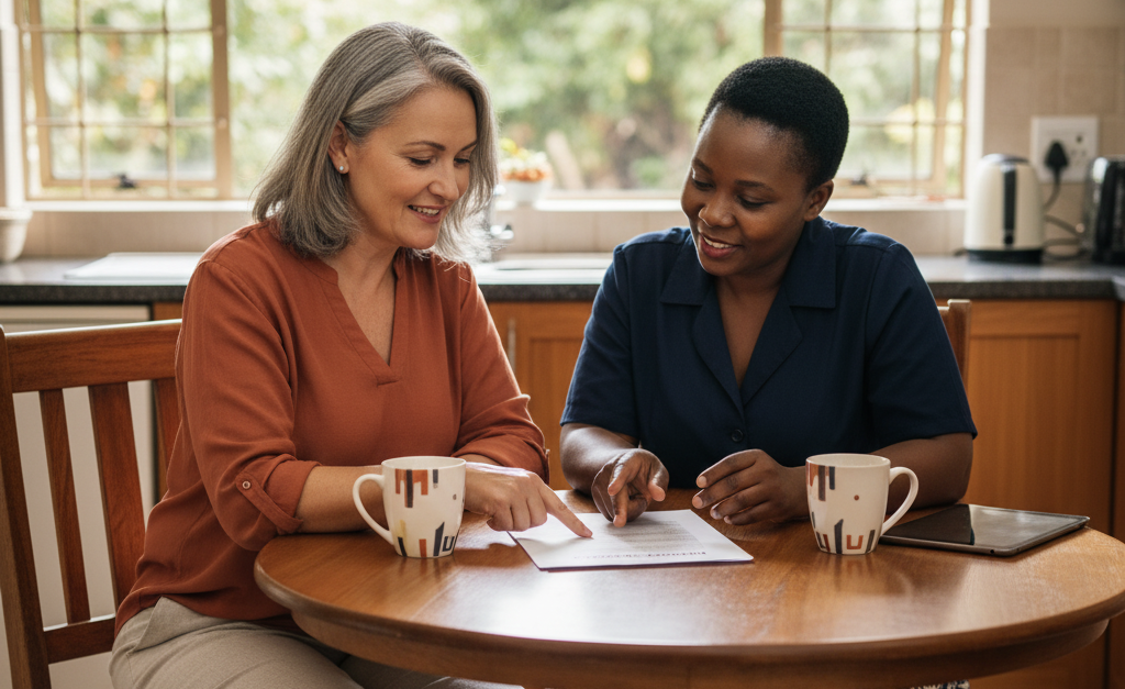 mployer and domestic worker reviewing a payslip and contract together at a kitchen table, symbolising empowerment through formalisation.